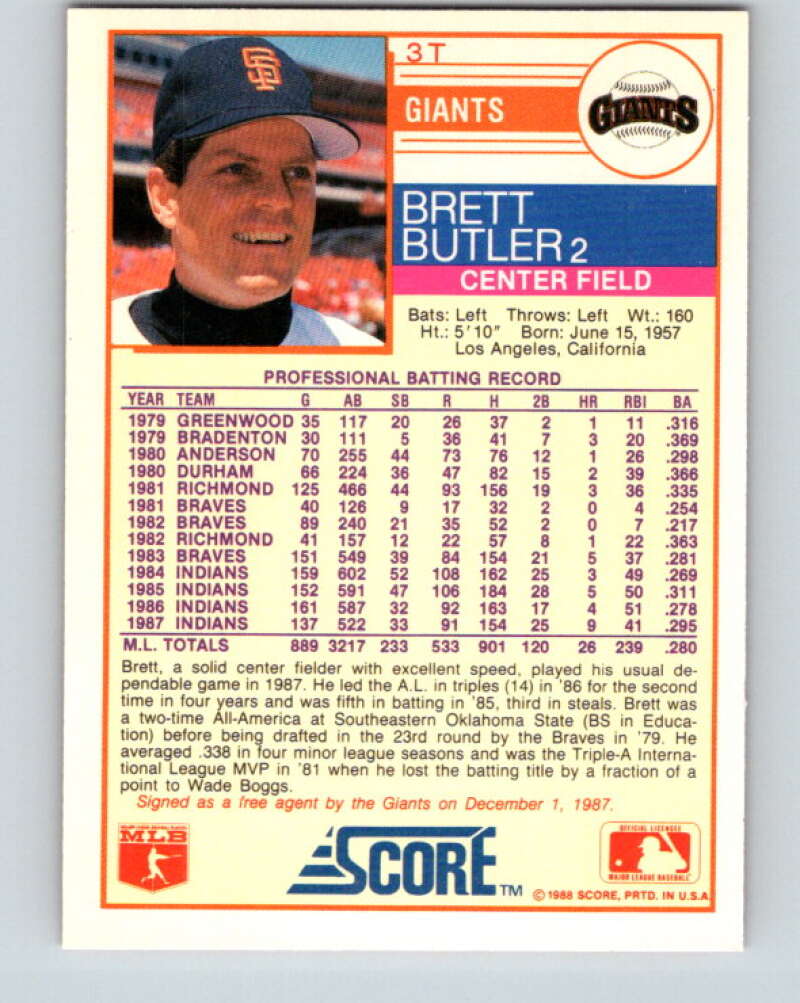 1988 Score Rookie and Traded #3T Brett Butler Mint San Francisco Giants Image 2