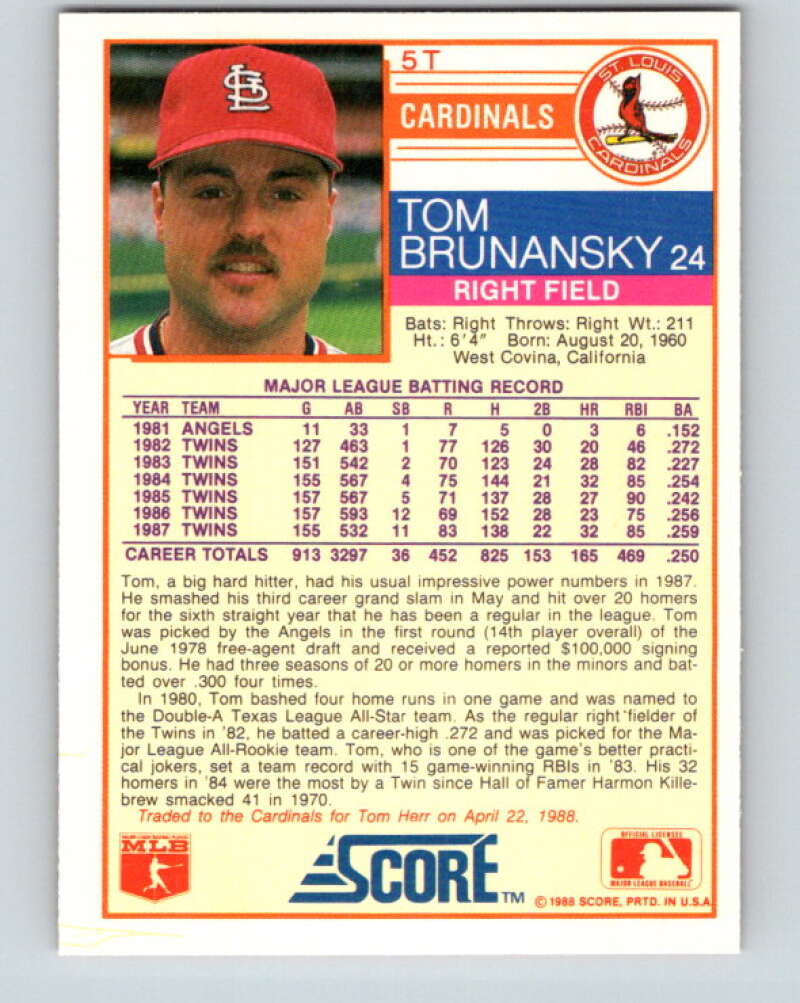 1988 Score Rookie and Traded #5T Tom Brunansky Mint St. Louis Cardinals Image 2