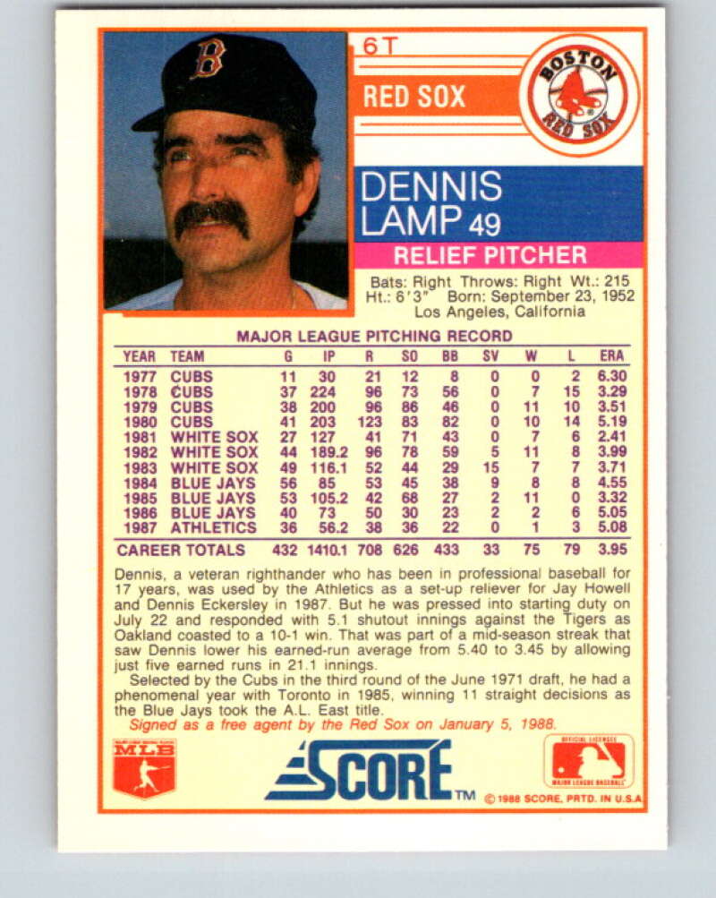 1988 Score Rookie and Traded #6T Dennis Lamp Mint Boston Red Sox Image 2