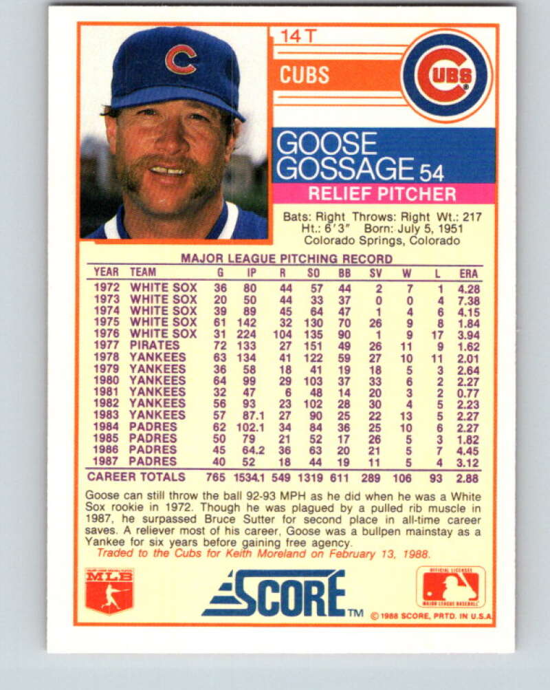 1988 Score Rookie and Traded #14T Rich Gossage Mint Chicago Cubs Image 2