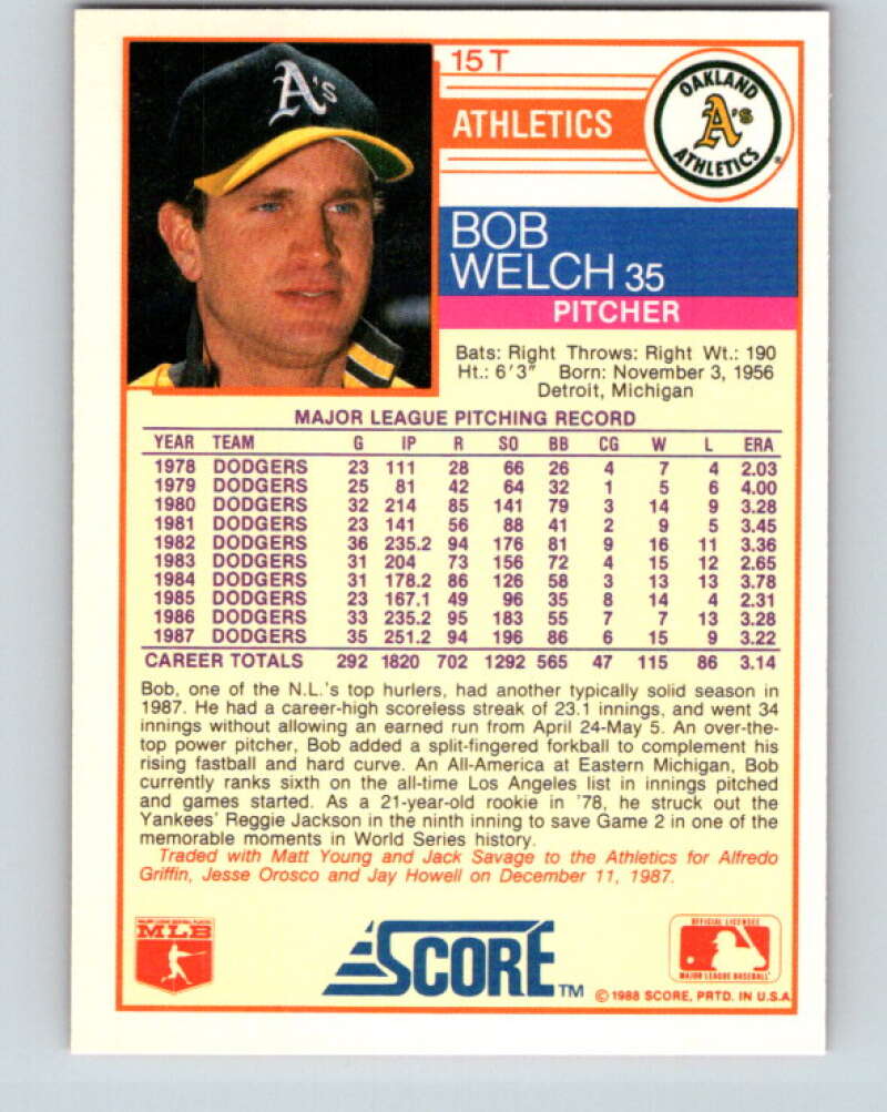 1988 Score Rookie and Traded #15T Bob Welch Mint Oakland Athletics Image 2