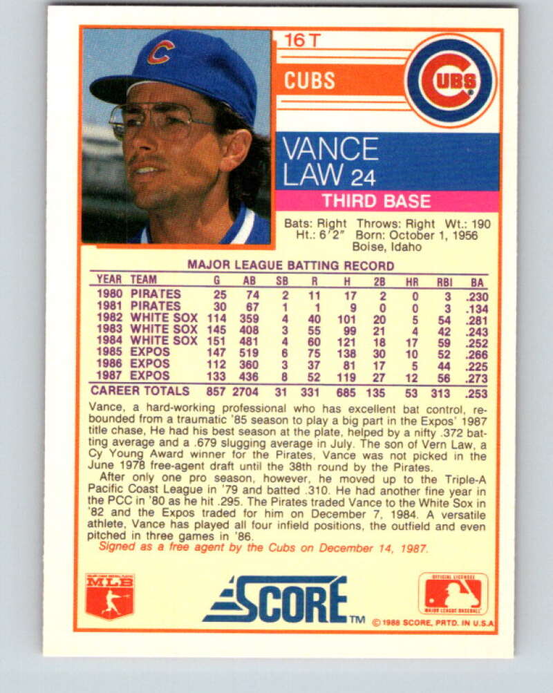 1988 Score Rookie and Traded #16T Vance Law Mint Chicago Cubs Image 2