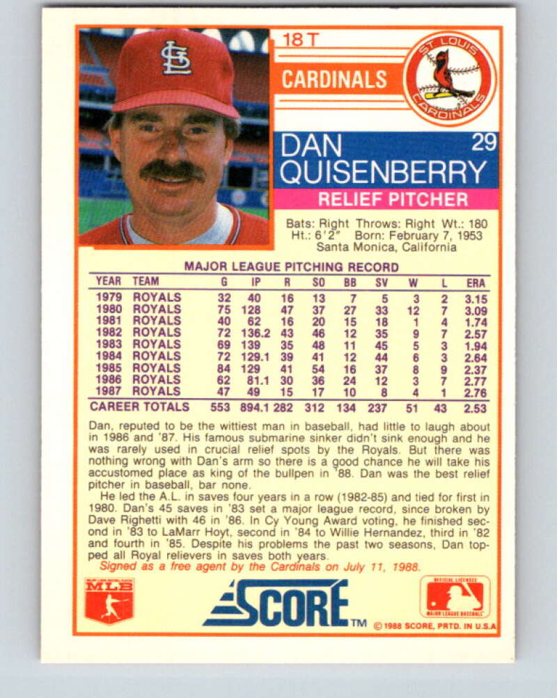 1988 Score Rookie and Traded #18T Dan Quisenberry Mint St. Louis Cardinals Image 2