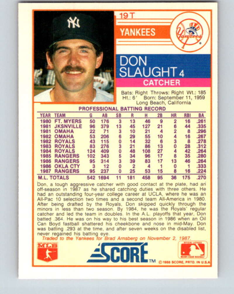 1988 Score Rookie and Traded #19T Don Slaught Mint New York Yankees Image 2
