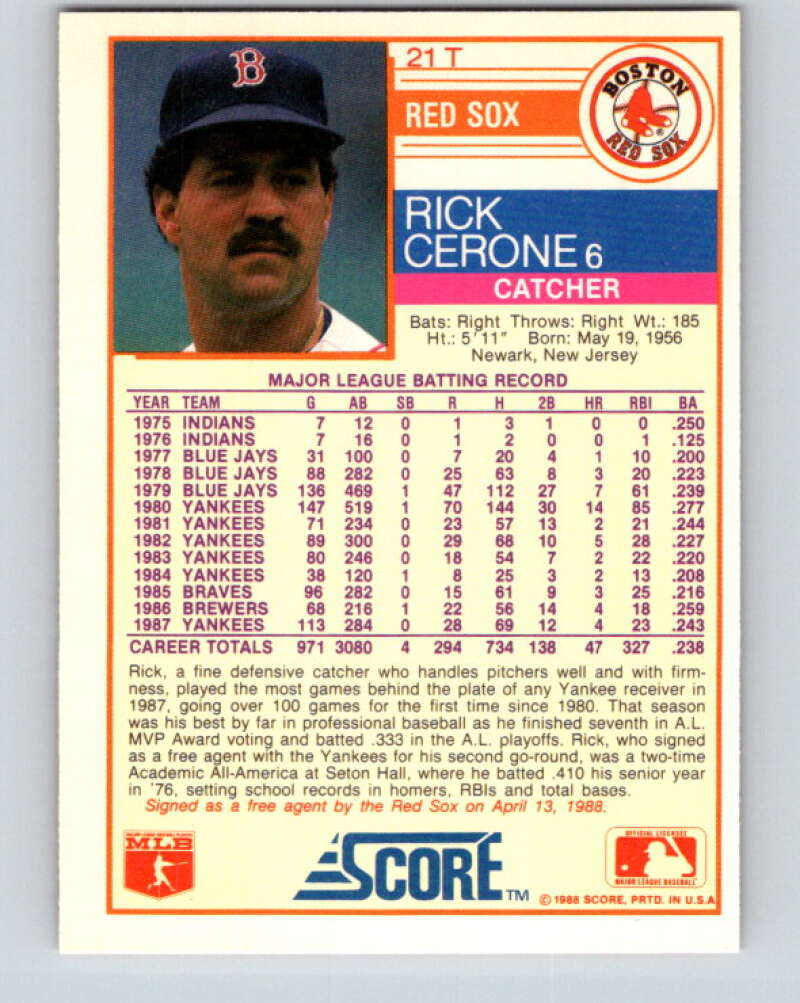 1988 Score Rookie and Traded #21T Rick Cerone Mint Boston Red Sox Image 2