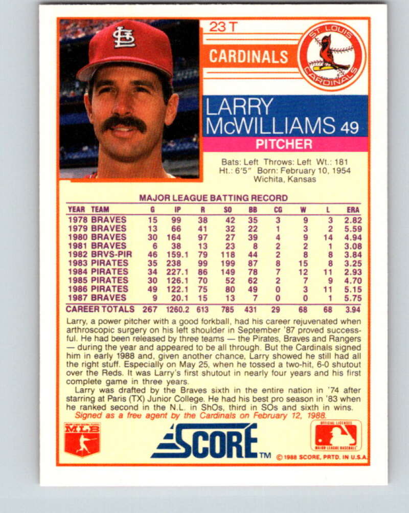 1988 Score Rookie and Traded #23T Larry McWilliams Mint St. Louis Cardinals Image 2