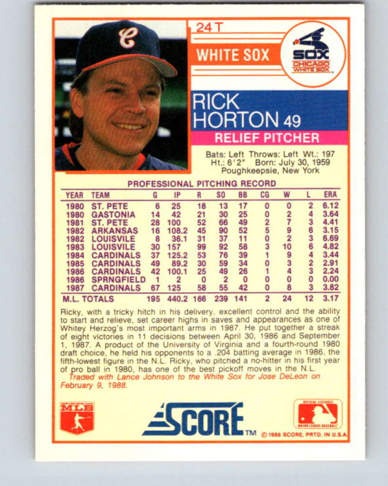 1988 Score Rookie and Traded #24T Ricky Horton Mint Chicago White Sox Image 2