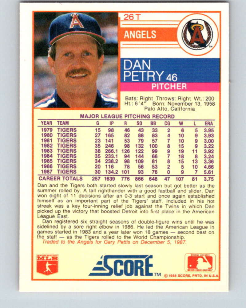 1988 Score Rookie and Traded #26T Dan Petry Mint California Angels Image 2
