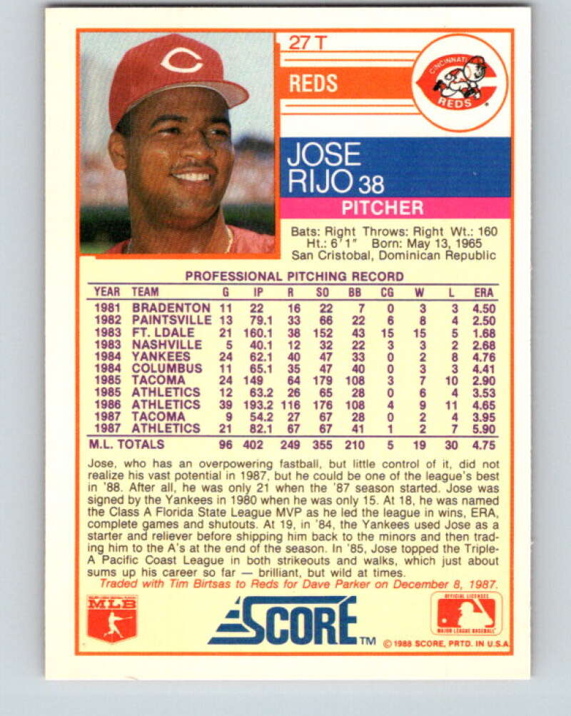 1988 Score Rookie and Traded #27T Jose Rijo Mint Cincinnati Reds Image 2