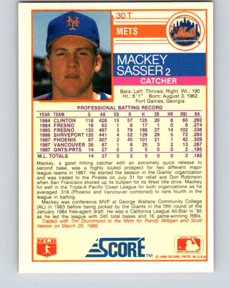 1988 Score Rookie and Traded #30T Mackey Sasser Mint New York Mets Image 2
