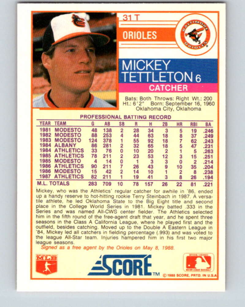 1988 Score Rookie and Traded #31T Mickey Tettleton Mint Baltimore Orioles Image 2