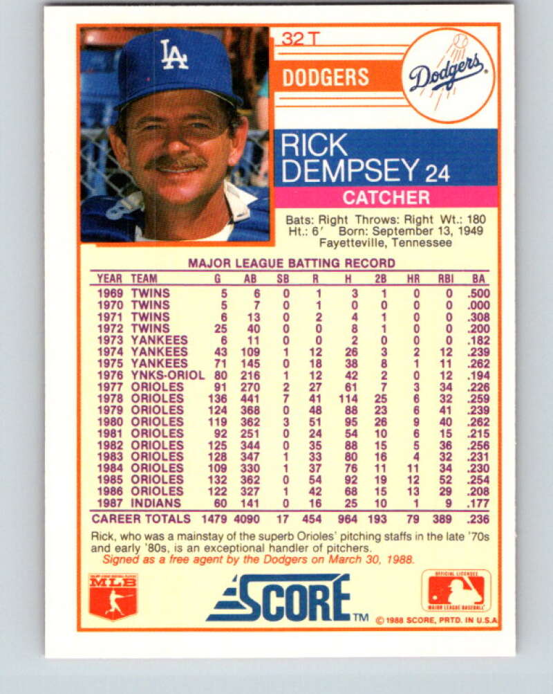 1988 Score Rookie and Traded #32T Rick Dempsey Mint Los Angeles Dodgers