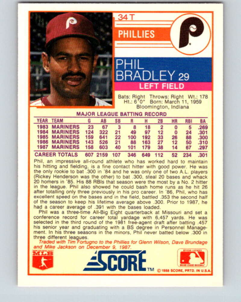 1988 Score Rookie and Traded #34T Phil Bradley Mint Philadelphia Phillies Image 2