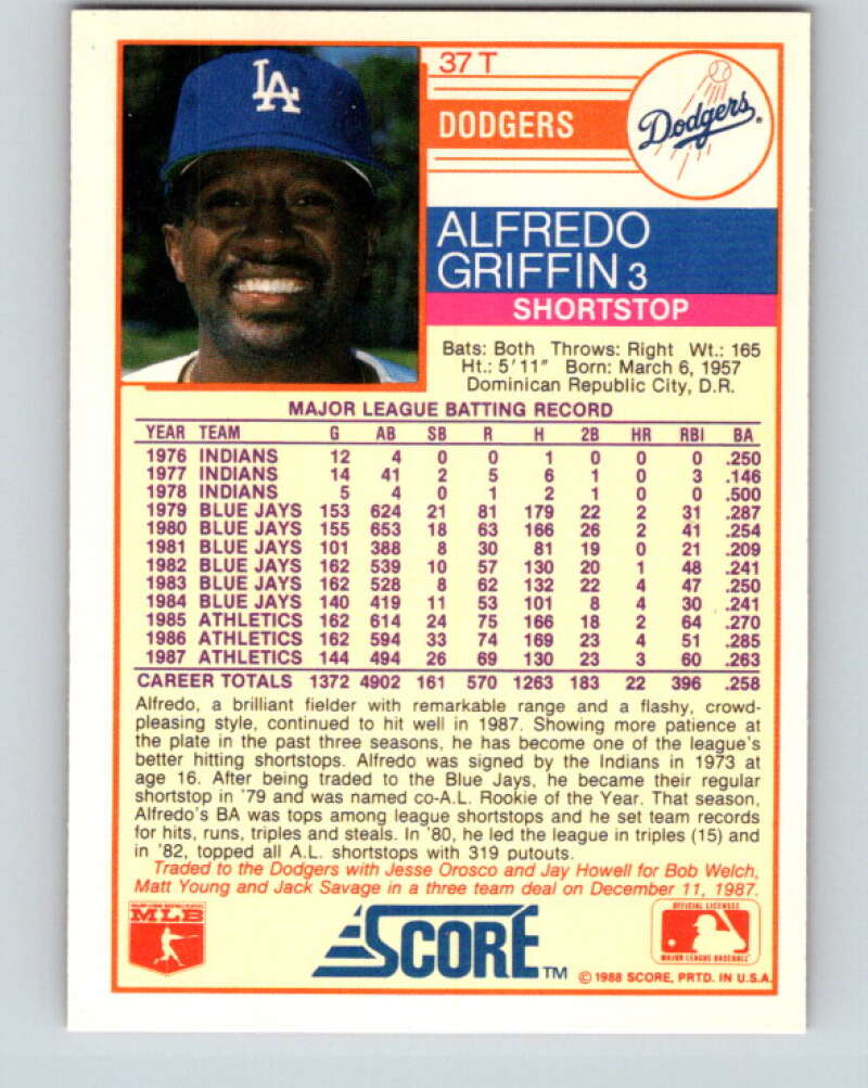 1988 Score Rookie and Traded #37T Alfredo Griffin Mint Los Angeles Dodgers Image 2