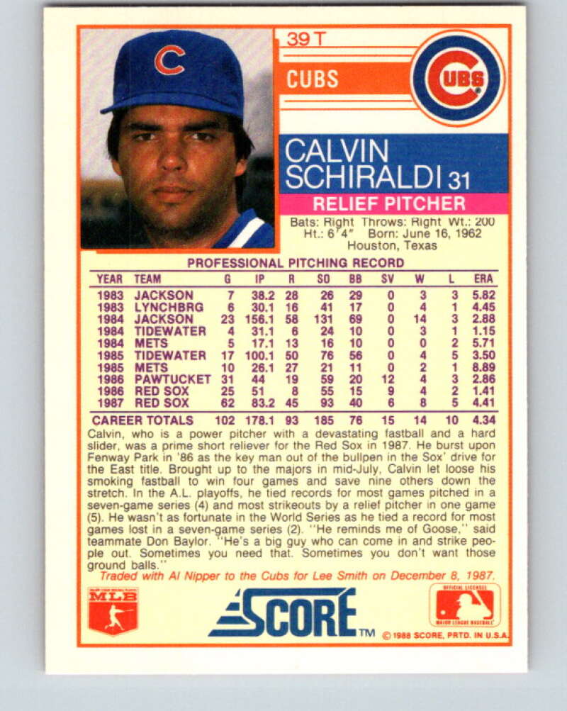 1988 Score Rookie and Traded #39T Calvin Schiraldi Mint Chicago Cubs Image 2