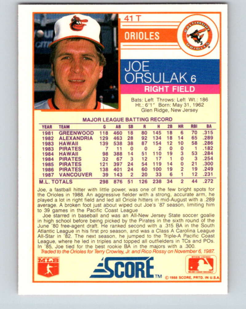 1988 Score Rookie and Traded #41T Joe Orsulak Mint Baltimore Orioles Image 2