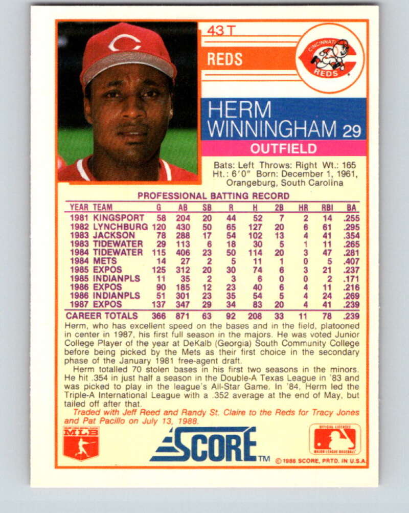 1988 Score Rookie and Traded #43T Herm Winningham Mint Cincinnati Reds Image 2