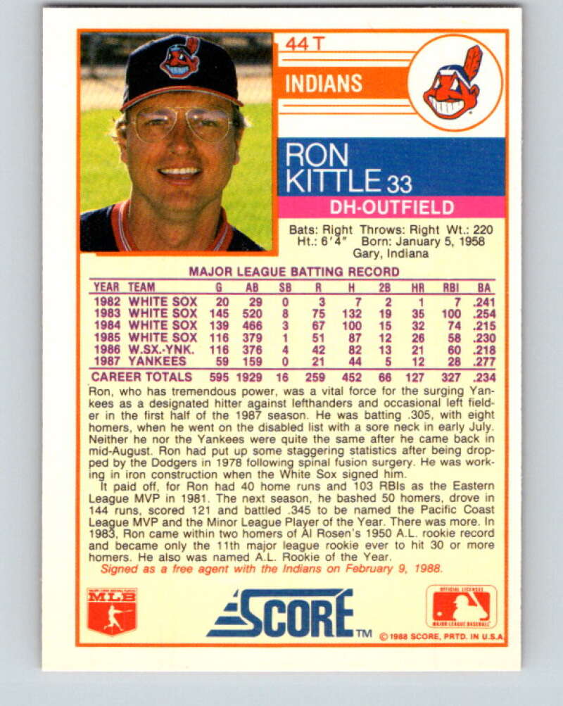 1988 Score Rookie and Traded #44T Ron Kittle Mint Cleveland Indians Image 2