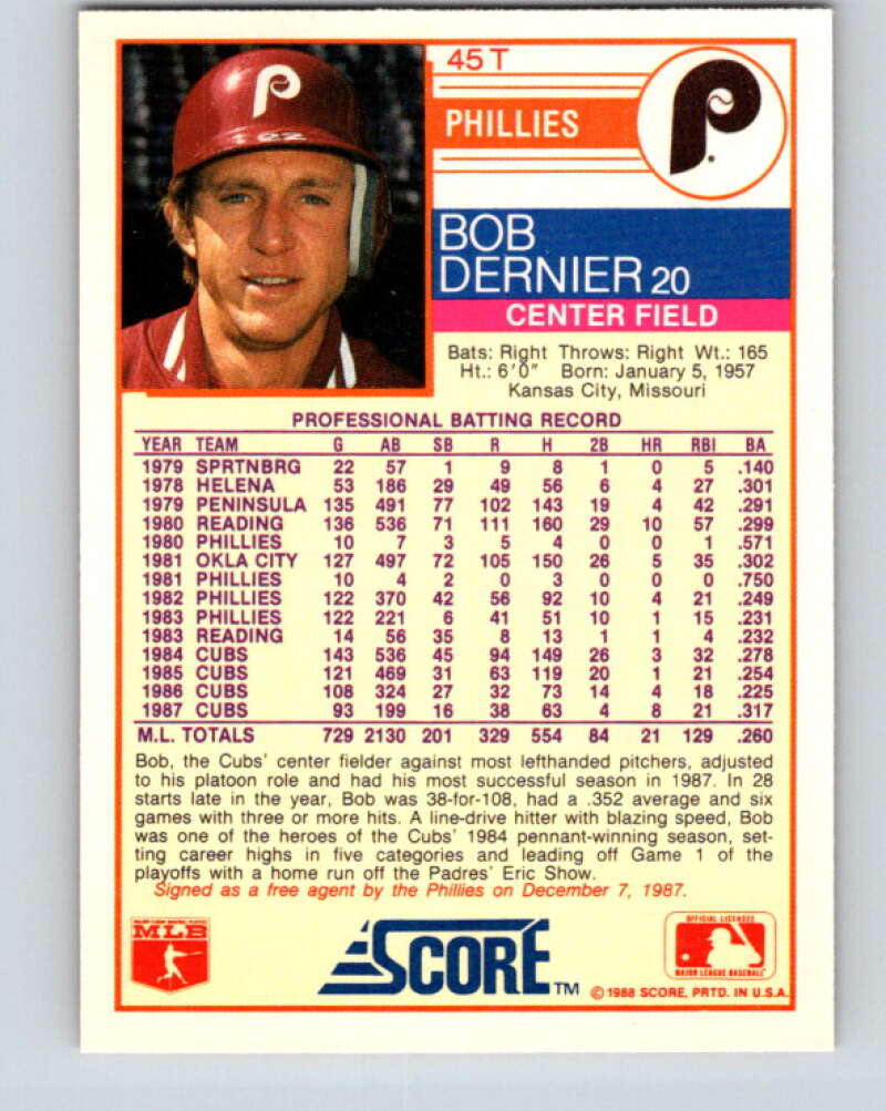 1988 Score Rookie and Traded #45T Bob Dernier Mint Philadelphia Phillies Image 2