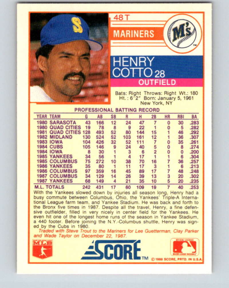 1988 Score Rookie and Traded #48T Henry Cotto Mint Seattle Mariners Image 2