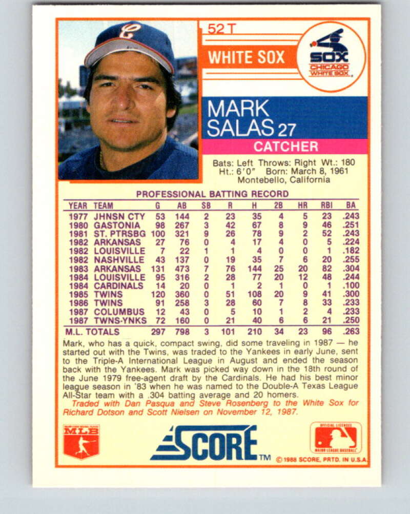 1988 Score Rookie and Traded #52T Mark Salas Mint Chicago White Sox Image 2