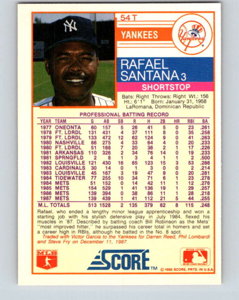 1988 Score Rookie and Traded #54T Rafael Santana Mint New York Yankees Image 2