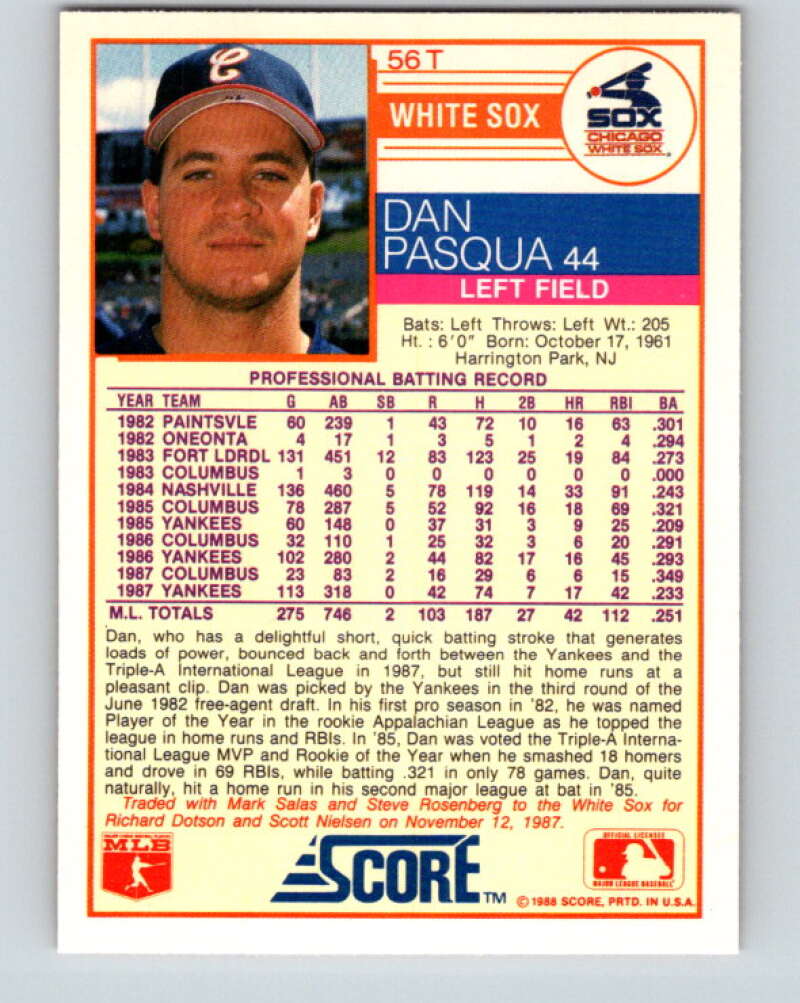 1988 Score Rookie and Traded #56T Dan Pasqua Mint Chicago White Sox Image 2