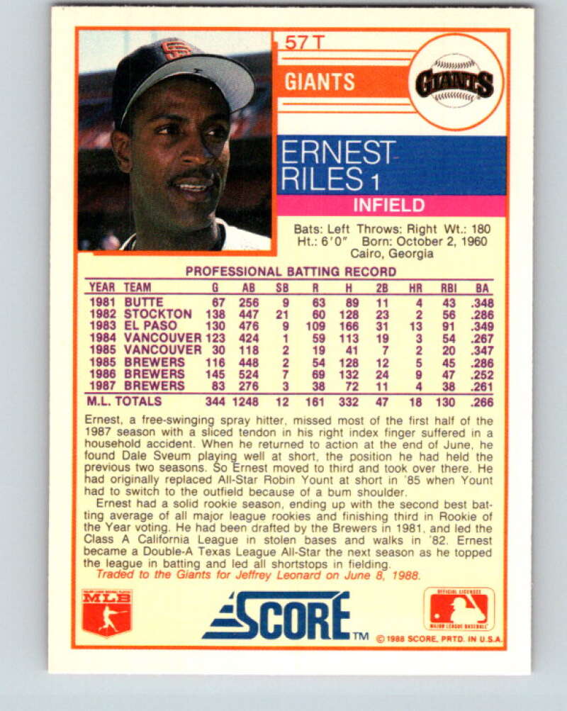 1988 Score Rookie and Traded #57T Ernest Riles Mint San Francisco Giants Image 2