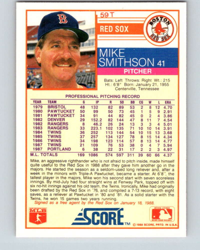 1988 Score Rookie and Traded #59T Mike Smithson Mint Boston Red Sox Image 2