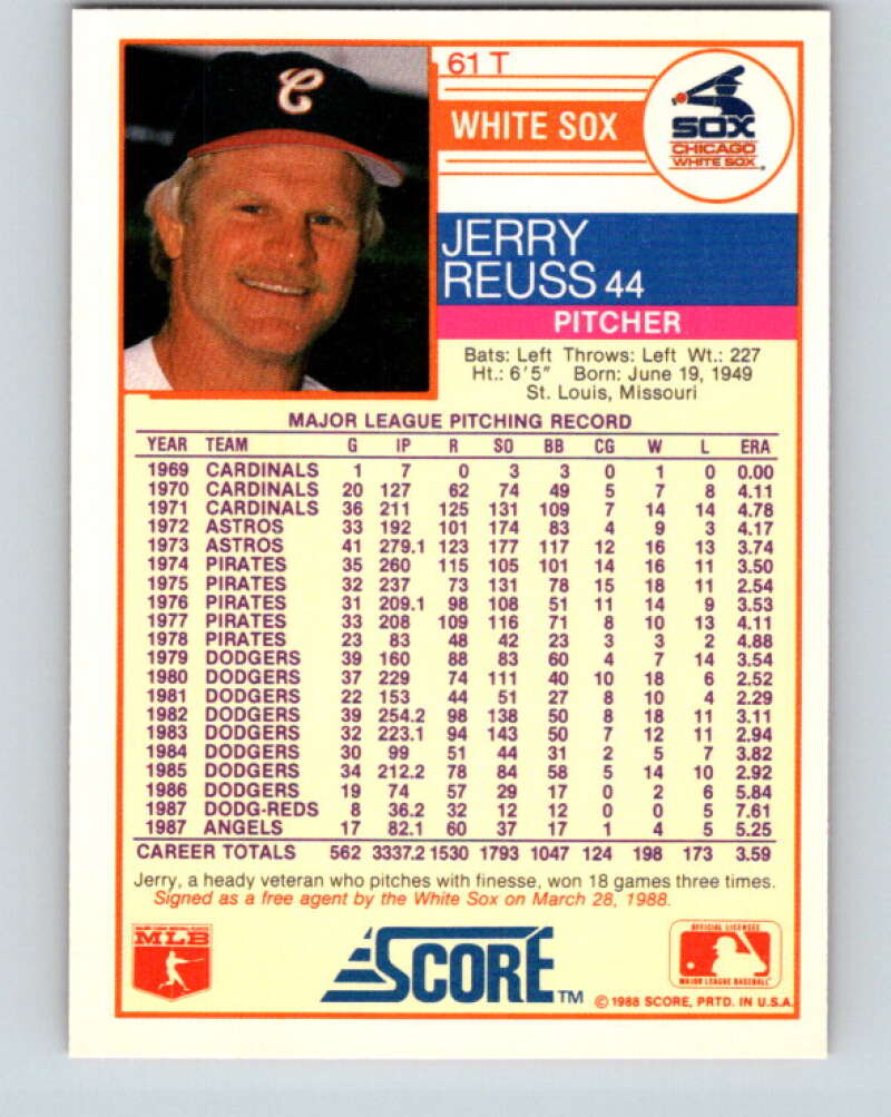 1988 Score Rookie and Traded #61T Jerry Reuss Mint Chicago White Sox Image 2