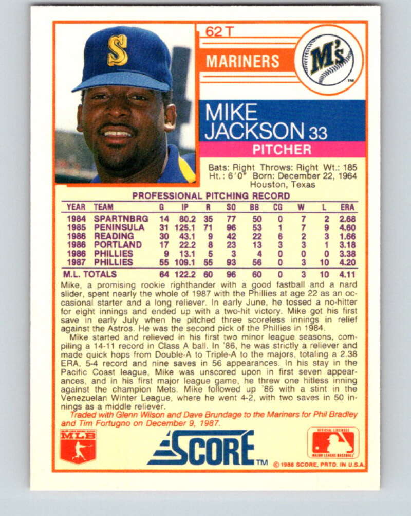 1988 Score Rookie and Traded #62T Mike Jackson Mint Seattle Mariners Image 2