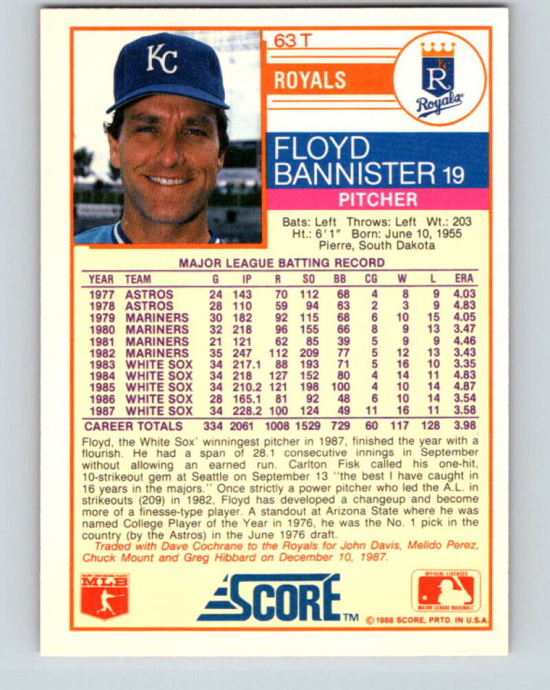 1988 Score Rookie and Traded #63T Floyd Bannister Mint Kansas City Royals Image 2