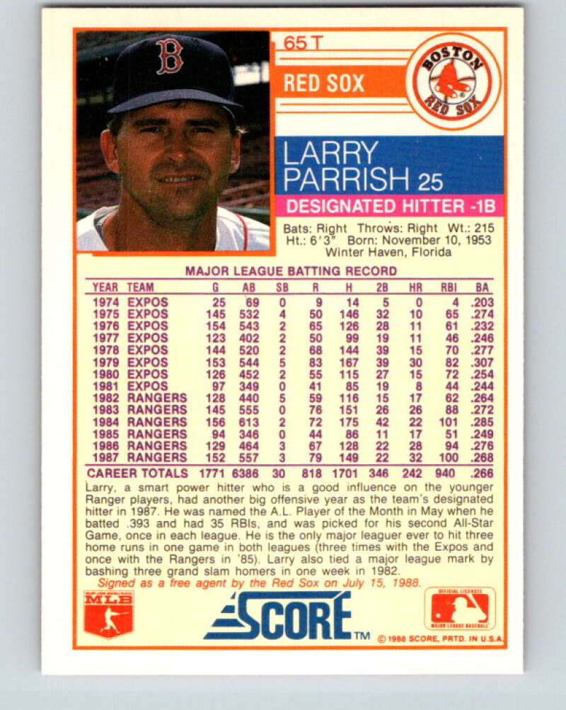 1988 Score Rookie and Traded #65T Larry Parrish Mint Boston Red Sox Image 2
