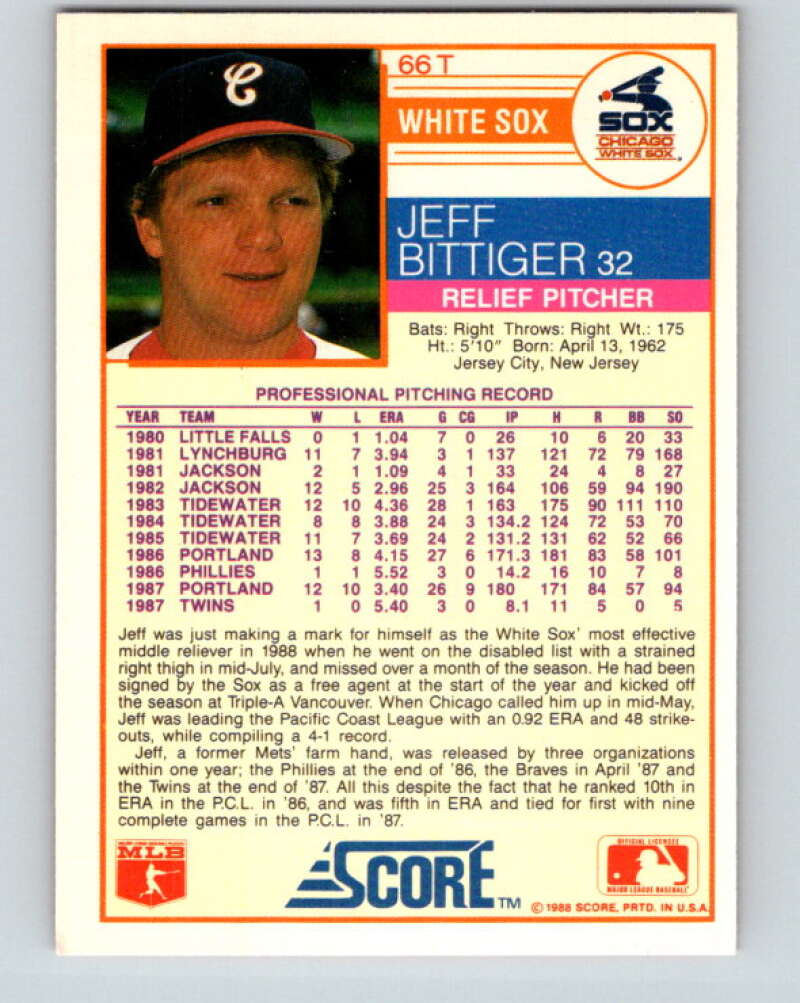 1988 Score Rookie and Traded #66T Jeff Bittiger Mint RC Rookie Chicago White Sox Image 2