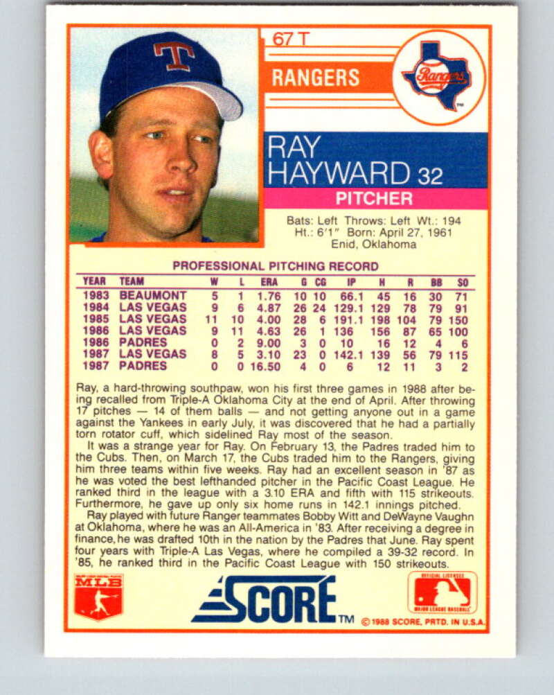 1988 Score Rookie and Traded #67T Ray Hayward Mint Texas Rangers Image 2
