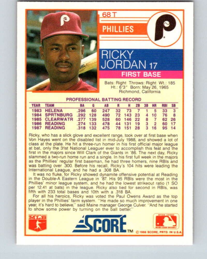 1988 Score Rookie and Traded #68T Ricky Jordan Mint RC Rookie Philadelphia Phillies
