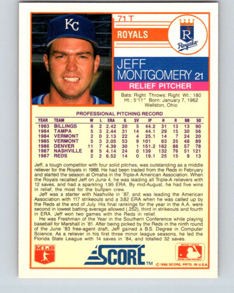 1988 Score Rookie and Traded #71T Jeff Montgomery Mint Kansas City Royals Image 2