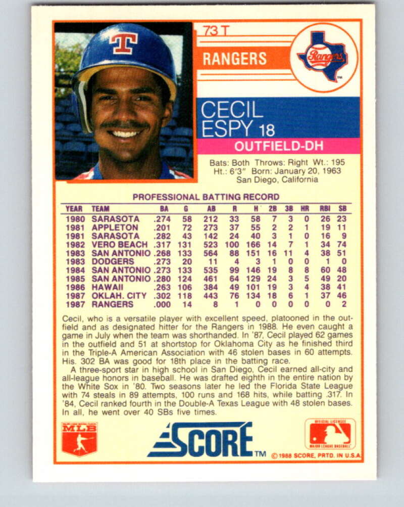 1988 Score Rookie and Traded #73T Cecil Espy Mint RC Rookie Texas Rangers Image 2