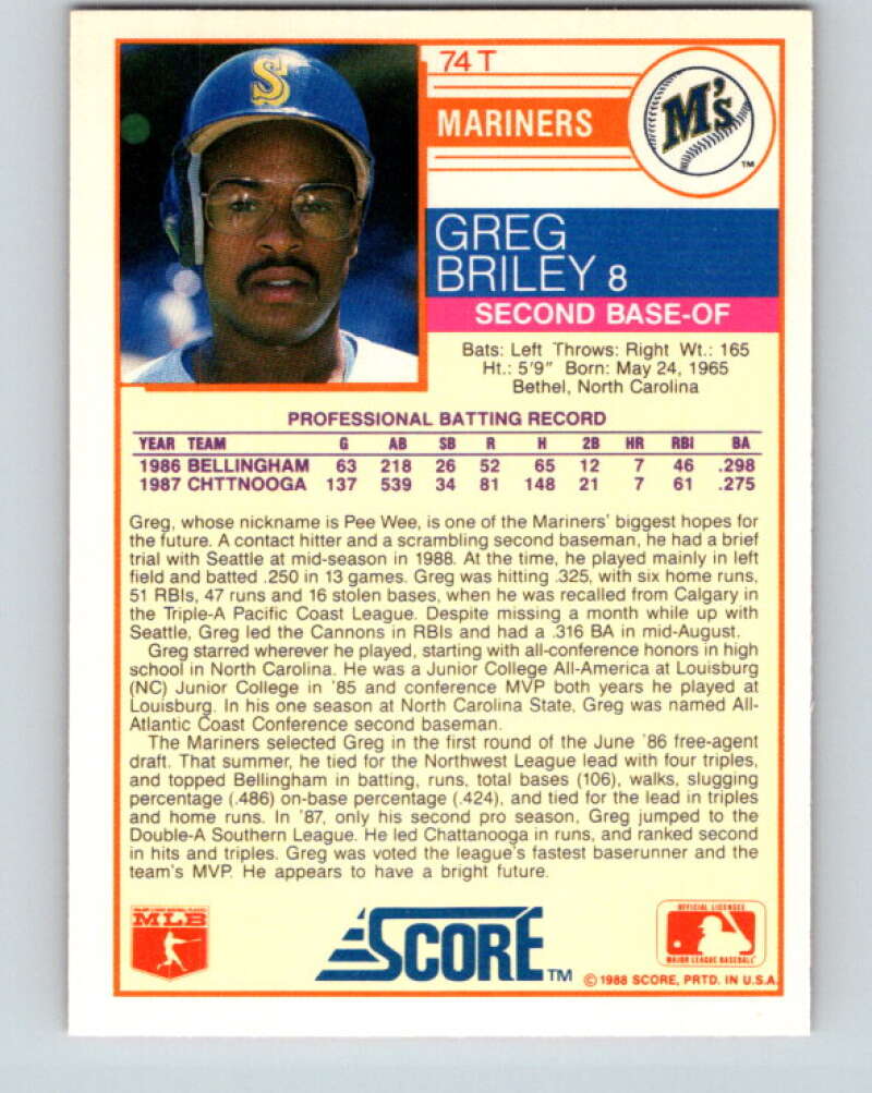 1988 Score Rookie and Traded #74T Greg Briley Mint RC Rookie Seattle Mariners Image 2
