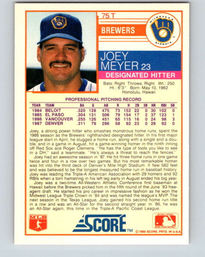 1988 Score Rookie and Traded #75T Joey Meyer Mint Milwaukee Brewers