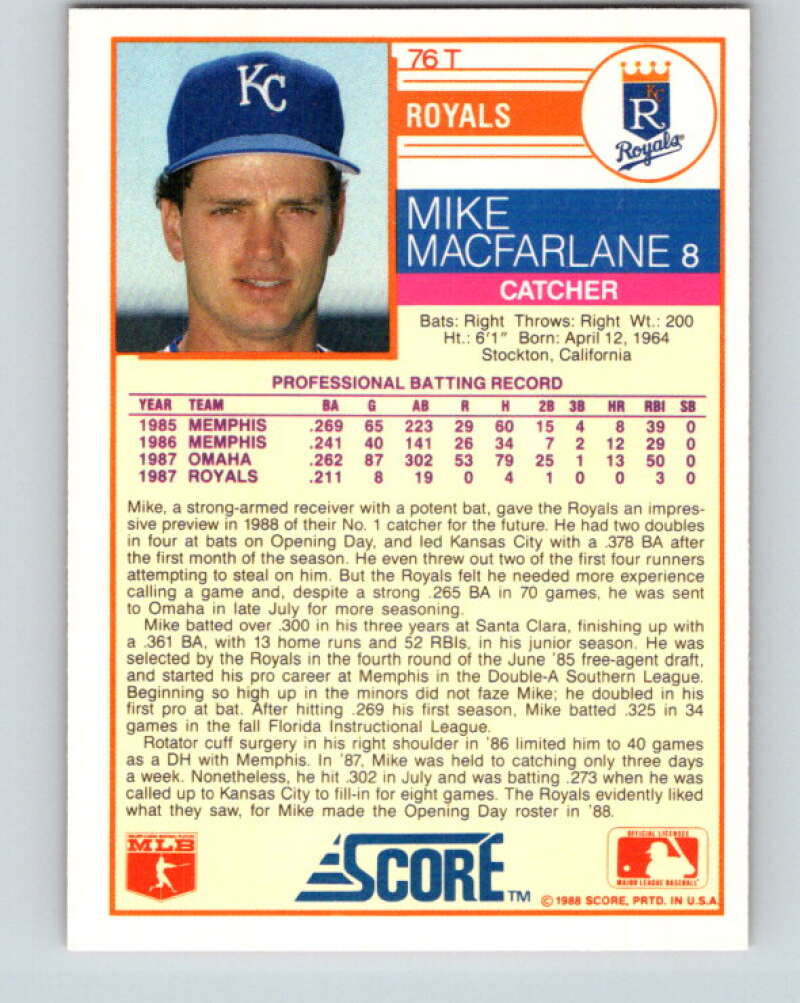 1988 Score Rookie and Traded #76T Mike Macfarlane Mint RC Rookie Kansas City Royals Image 2