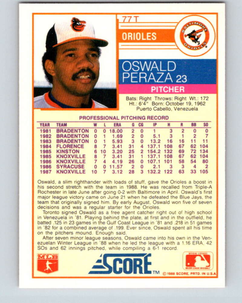 1988 Score Rookie and Traded #77T Oswald Peraza Mint RC Rookie Baltimore Orioles Image 2