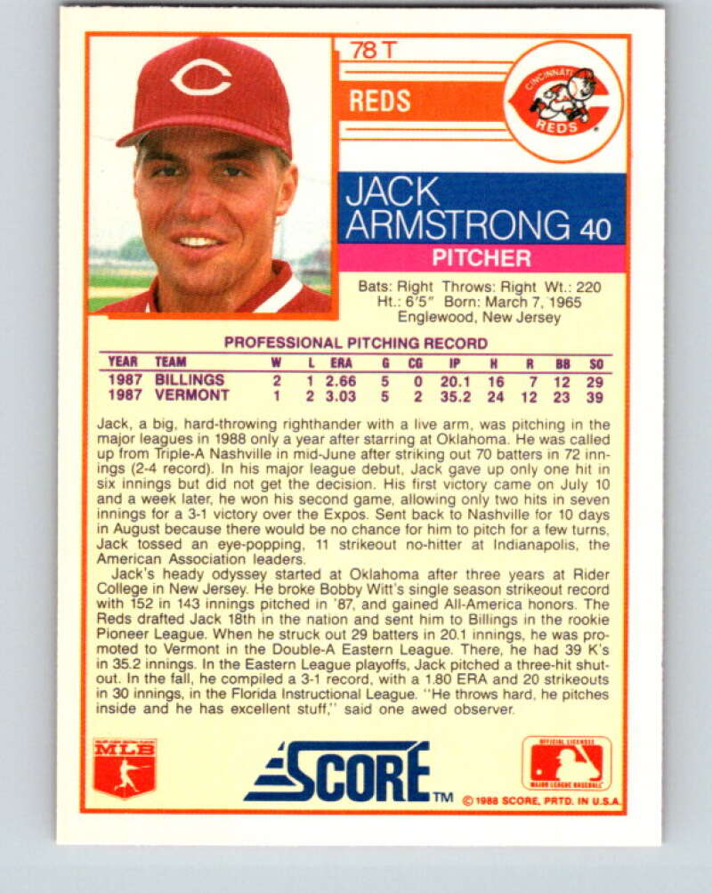 1988 Score Rookie and Traded #78T Jack Armstrong Mint RC Rookie Cincinnati Reds Image 2