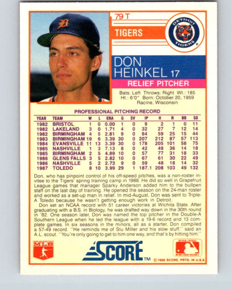 1988 Score Rookie and Traded #79T Don Heinkel Mint RC Rookie Detroit Tigers Image 2