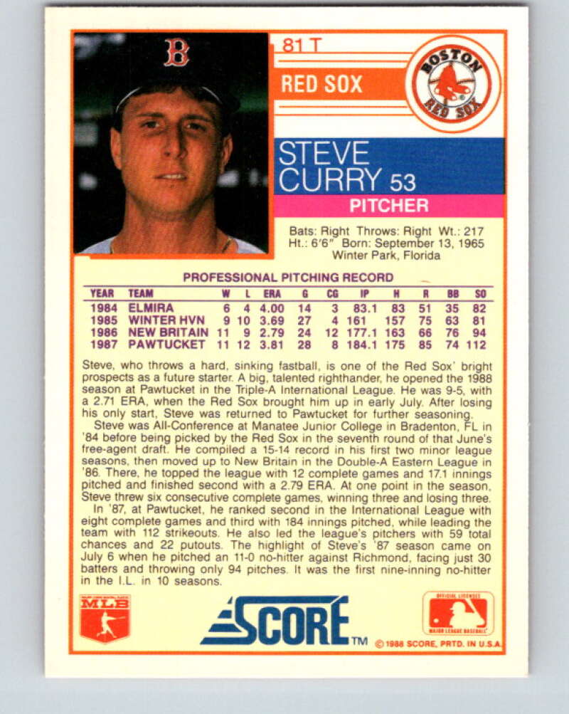 1988 Score Rookie and Traded #81T Steve Curry Mint RC Rookie Boston Red Sox Image 2