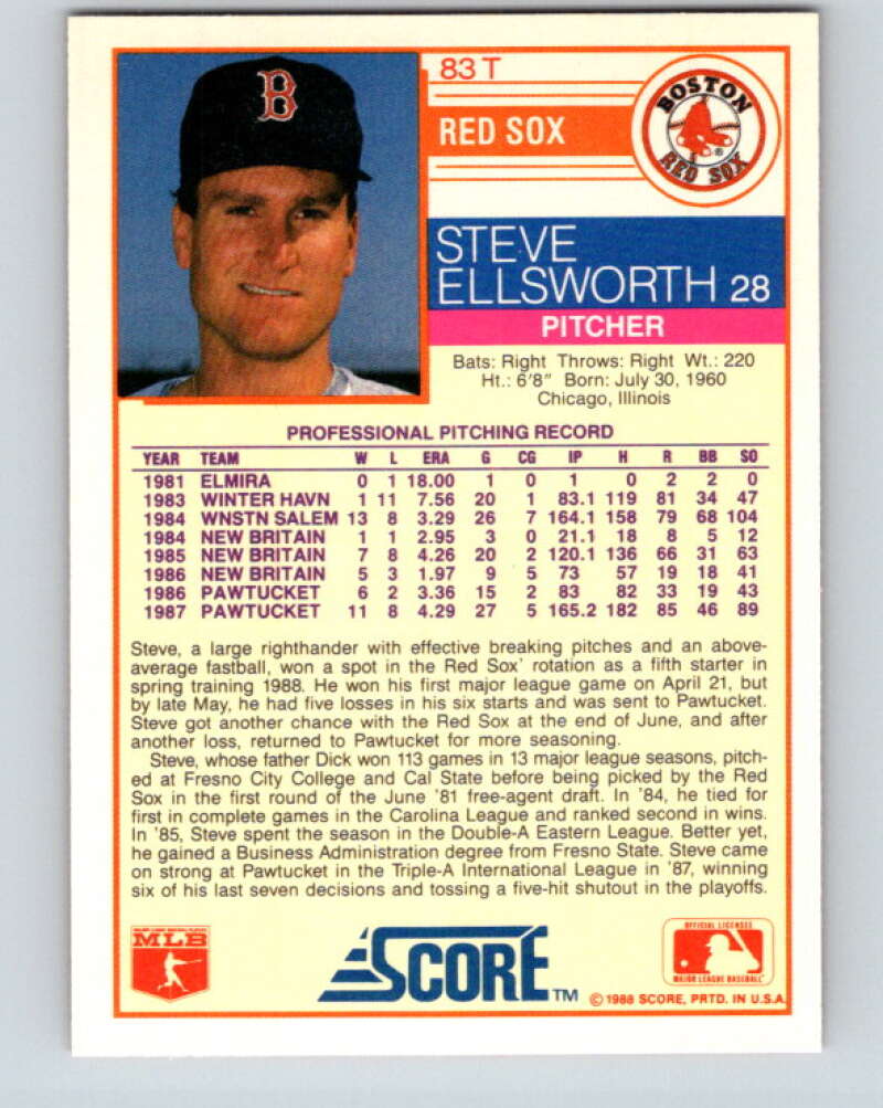 1988 Score Rookie and Traded #83T Steve Ellsworth Mint RC Rookie Boston Red Sox Image 2