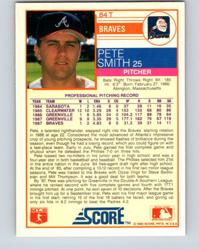 1988 Score Rookie and Traded #84T Pete Smith Mint RC Rookie Atlanta Braves Image 2