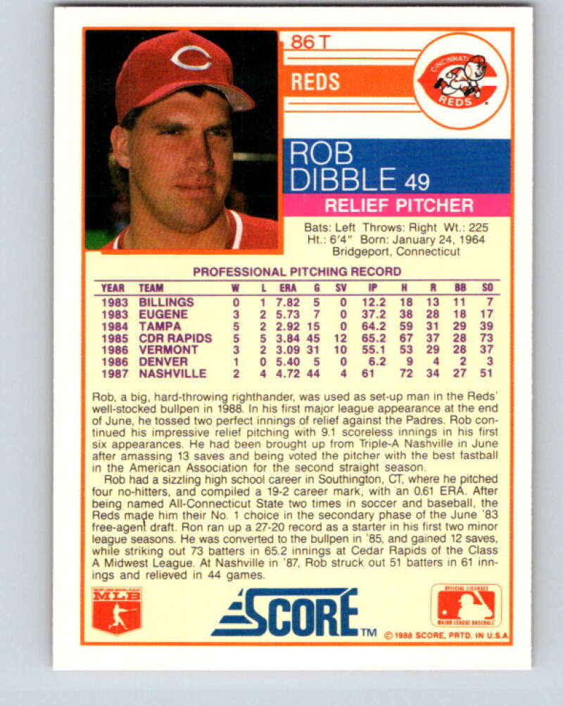 1988 Score Rookie and Traded #86T Rob Dibble Mint RC Rookie Cincinnati Reds Image 2