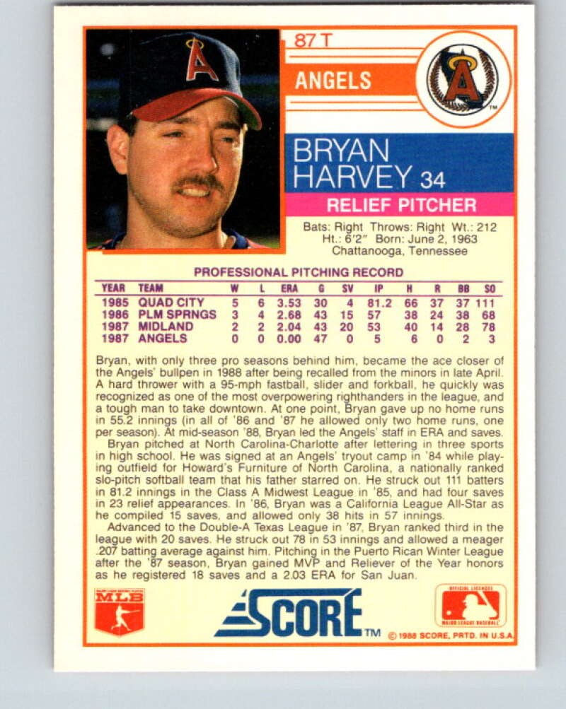 1988 Score Rookie and Traded #87T Bryan Harvey Mint RC Rookie California Angels Image 2