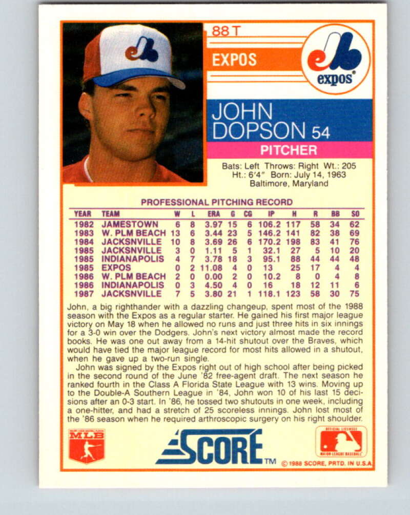 1988 Score Rookie and Traded #88T John Dopson Mint RC Rookie Montreal Expos Image 2